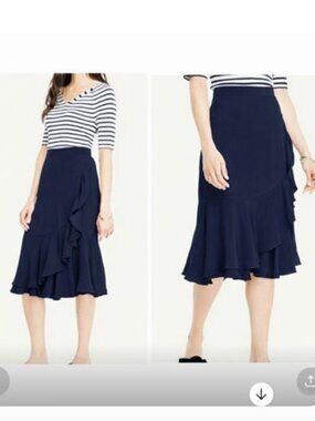 ANN TAYLOR Front Wrap Ruffle Navy Skirt 14